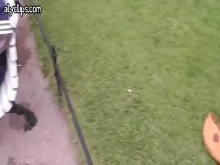Sexy, young, brunette chick gets her pussy screwed POV in the park